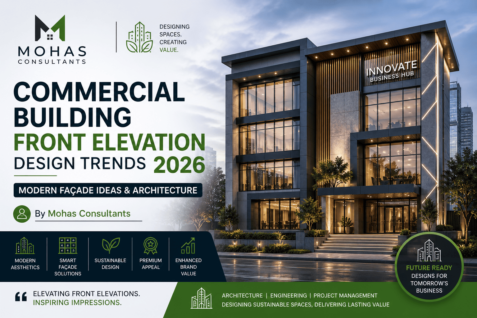 Commercial Building Front Elevation Design Trends 2026 | Modern Façade Ideas & Architecture | Mohas Consultants